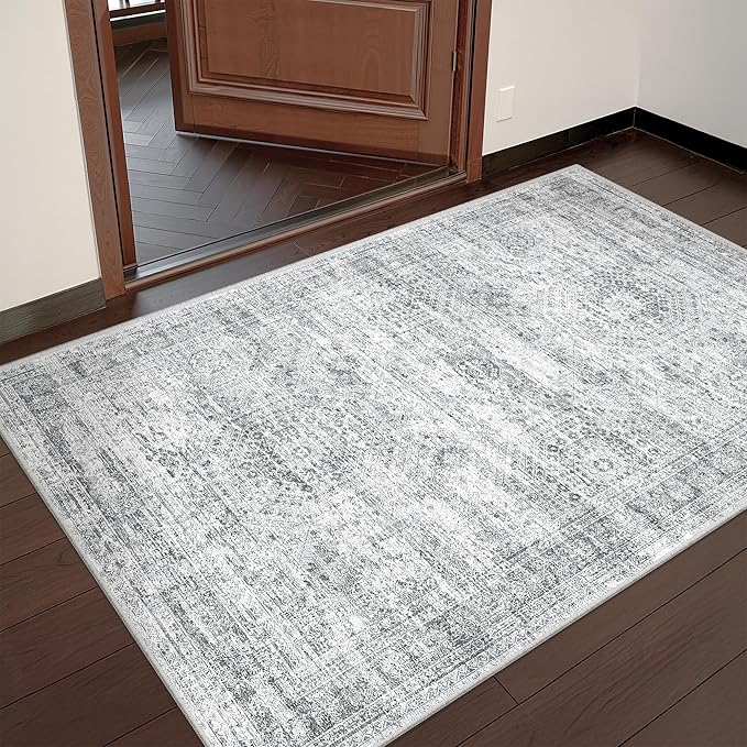 3x4 Washable Area Rug for Entryway, Soft Kitchen Rugs Non Slip for Dining Room, Vintage Abstract Living Room Rug, Thin Area Rugs Indoor for Bedroom, Kids Room Decor(3'x4', Grey/Ivory)