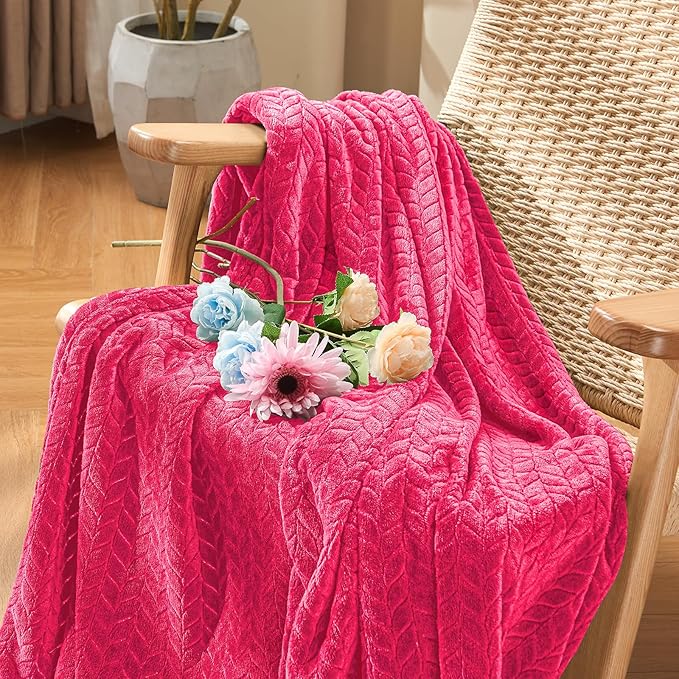 inhand Hot Pink Fleece Twin Blanket, Lightweight Leaves Pattern Fuzzy Blanket for Couch Sofa, All Season Use, 60 x 90 Inches
