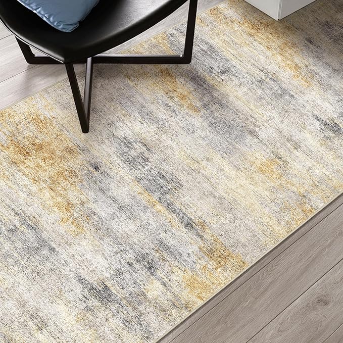 3x6 Washable Kitchen Runner Rug: Modern Abstract Runners for Hallway Soft Non Slip Rugs with Rubber Backing Low Pile Thin Floor Carpet for Entryway Bedroom Bathroom Bedside Indoor(Grey/Yellow,3x6)