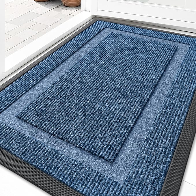 OLANLY Front Door Mat Indoor Outdoor Entrance, Waterproof All-Season, All-Weather Doormat, Sturdy Natural Rubber, Fade Resistant, Low Profile, Easy Clean Patio Porch Entryway Mat, 35x23, Light Blue
