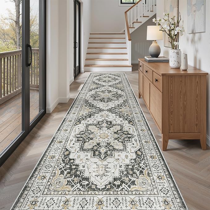 Madane 3x12 Hallway Runner Rug - Non Slip Washable 12ft Runner for Hallways Soft Vintage Kitchen Rugs Low-Pile Carpet Runner for Entryway Bathroom Thin Floor Mat for Bedroom Dining Room, Black