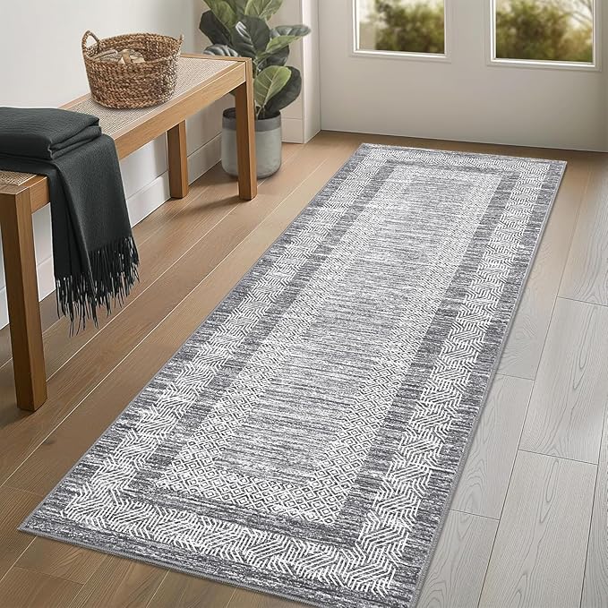 GarveeHome 2.5x8 Modern Bordered Runner Rug Soft Non Slip Washable Floor Carpet Distressed Geometric Hallway Indoor Printed Rug for Kitchen Entrance, Gray