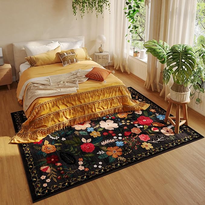 Rugcomf Living Room Rug 5x7 Rug Machine Washable Boho Area Rug Non Slip Floral Vintage Low Pile Large Rugs for Living Room, Bedroom, Farmhouse, Dining Room, Kids Playroom(Black)