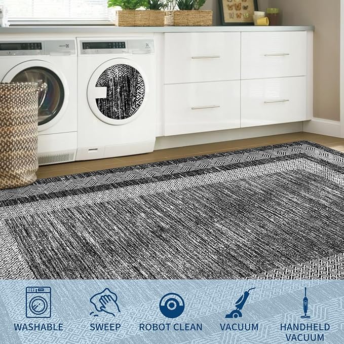 GarveeHome Large Washable Rug 9x12 Modern Geometric Non Slip, Distressed Bordered Printed Rug, Soft Non Shedding Indoor Carpet, Low Pile Thin Foldable Mats for Open Spaces Offices, Black