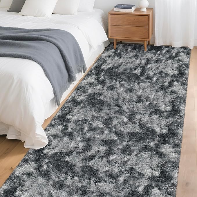 Tie-Dyed Dark Grey 3x10 Machine Washable Runner Rugs for Hallway Soft Fluffy Shaggy Bedside Rugs for Bedroom Living Room Indoor Floor Carpet for Kids Girls and Boys Nursery Rooms Home Decor Aesthetic