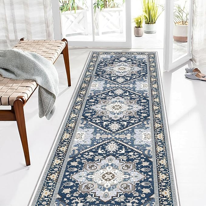 OPPODREAM Soft Entryway Rug 2x8, 2x8 Rug Runner, Washable Hallways Carpet 2 x 8 with Non Slip Backing, Low-Pile Bedside Carpet 2 x 8, Long, Faux Cashmere, Navy Blue & Gold