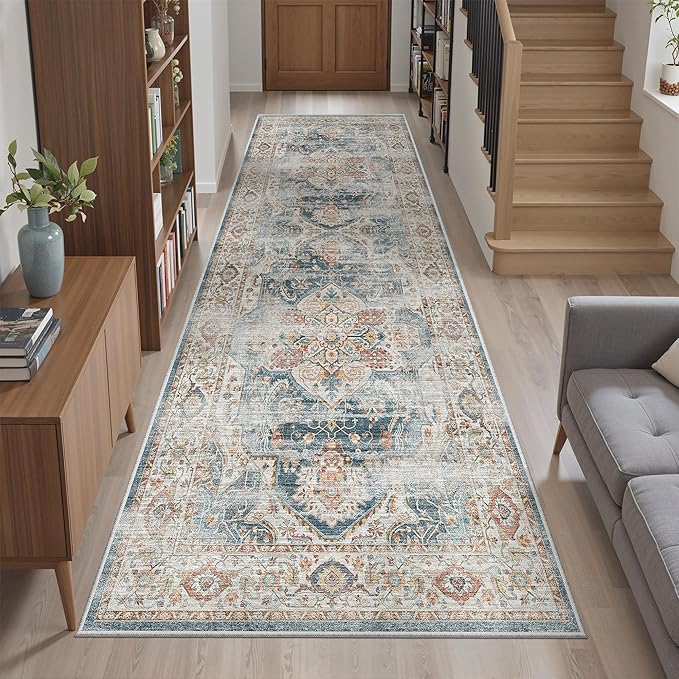 Madane Runner Rug 2'6''x8' Kitchen Runner, Hallway Runner Printed Vintage Washable Rugs Soft Non-Slip Low Pile Runners for Hallways Laundry Room Distressed Floor Carpet, Navy