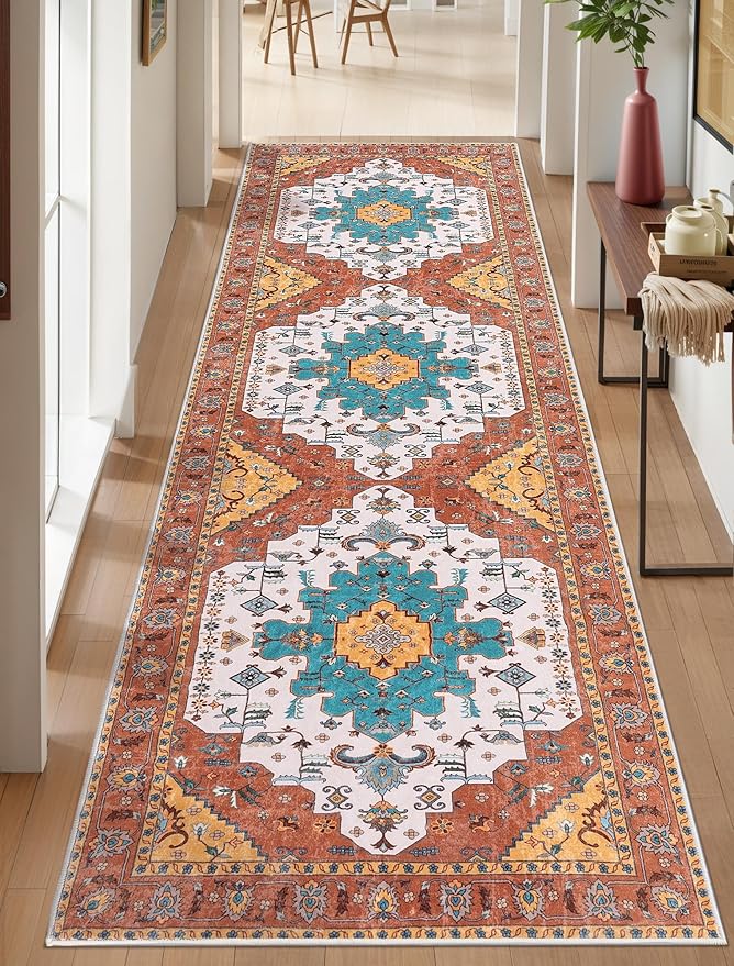 SERISSA Boho Washable Runner Rug, 2'6"x10' Long Non-Slip Vintage Orange Hallway Kitchen Stair Runner Rug Ultra Soft Print Distressed Floor Carpet for Bedroom Bathroom Laundry Room