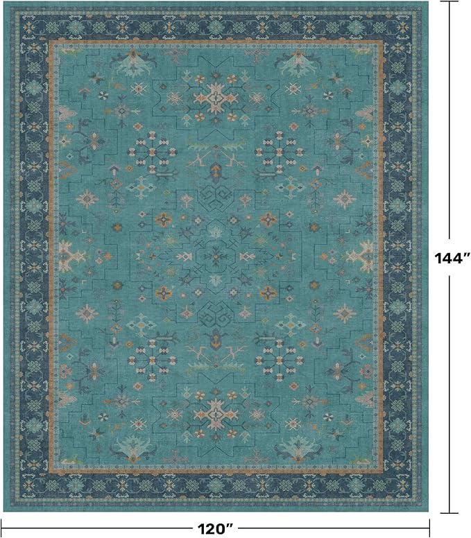 Washable 10x12 Large Teal Teal Boho Living Room Rug - Soft Floral Area Rugs for Bedroom Under Bed, Dining Room Under Table Non Slip, Low Pile & Stain Resistant Carpet