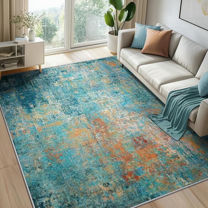 Washable Area Rugs 7'x9' Non-Slip Modern Abstract Soft for Living Room Entryway Bedroom Nursery, Print Pattern, Teal Blue Green Orange Rust Red Coloreful