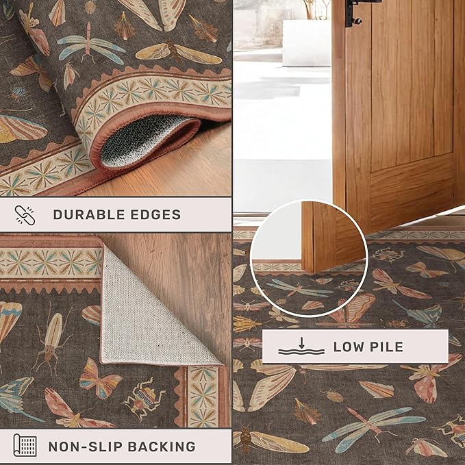 Brown Large 8x10 Living Room Area Rug, Unique Washable Insect Rugs for Bedroom, Stain Resistant Farmhouse Carpet for Dining Room, Whimsical Home Décor, Low Pile & Soft Mat
