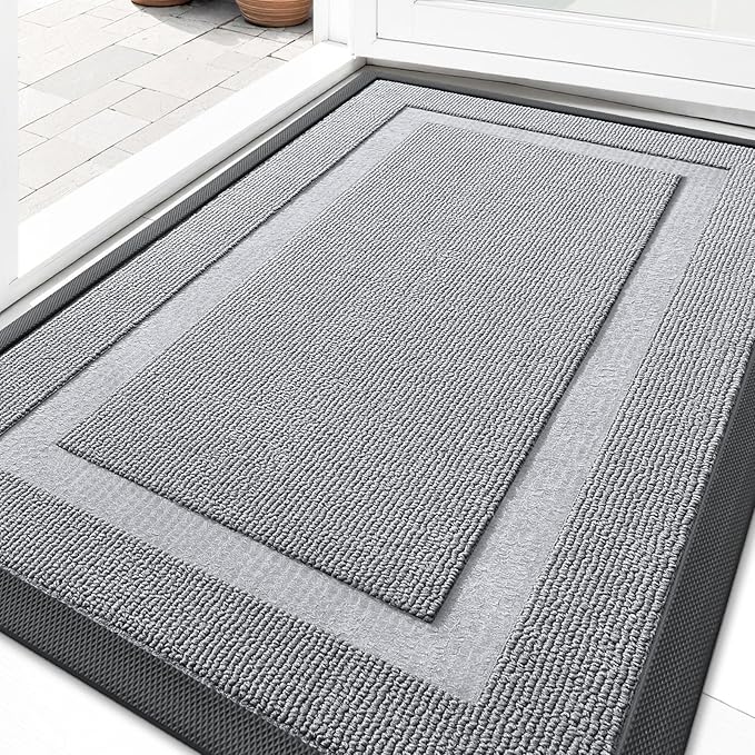 OLANLY Front Door Mat Indoor Outdoor Entrance, Waterproof All-Season, All-Weather Doormat, Sturdy Natural Rubber, Low Profile, Easy Clean Patio Porch Entryway Mat, 35x23, Silver Gray