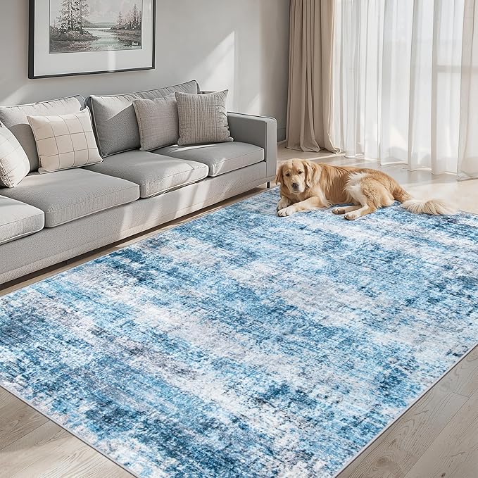 Area Rugs 9x12 Living Room - Washable Rug Modern Abstract Soft Large Neutral Non-Slip Carpet Indoor Floor Thin Carpets for Bedroom Dining Room Farmhouse Nursery Home Office Blue Grey