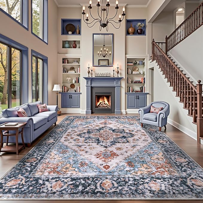 SERISSA Washable Rugs 9x12 Area Rugs, Large Non-Slip Blue Orange Living Room Rug, Ultra Soft Boho Vintage Print Distressed Oriental Farmhouse Carpet for Dining Room Bedroom Dorm Office Home Decor