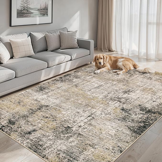 Area Rugs Living Room Rug - 4x6 Washable Modern Abstract Soft Neutral Non-Slip Carpet Large Indoor Floor Thin Carpets for Bedroom Dining Room Farmhouse Nursery Home Office Brown Black Grey