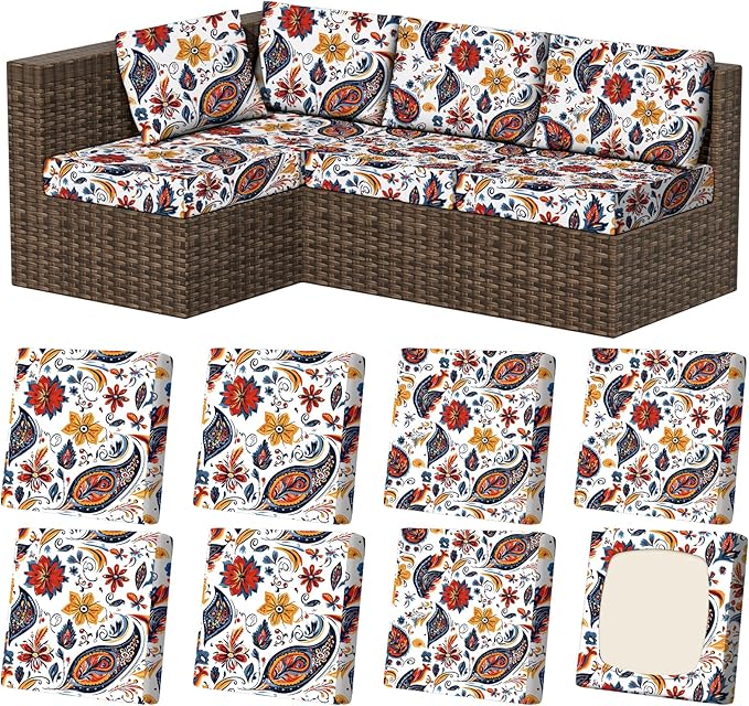 8Pcs Stretch Patio Cushion Covers, Outdoor Couch & Sofa Replacement Slipcovers for Patio Furniture Cushion Covers, Washable Reusable Furniture Protector