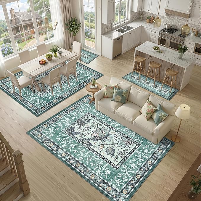 GarveeHome Teal 8x10 Area Rugs for Living Room, Botanical Grove Cottagecore Washable Rug for Bedroom Dining Nursery Low-Pile Vintage Large Carpet