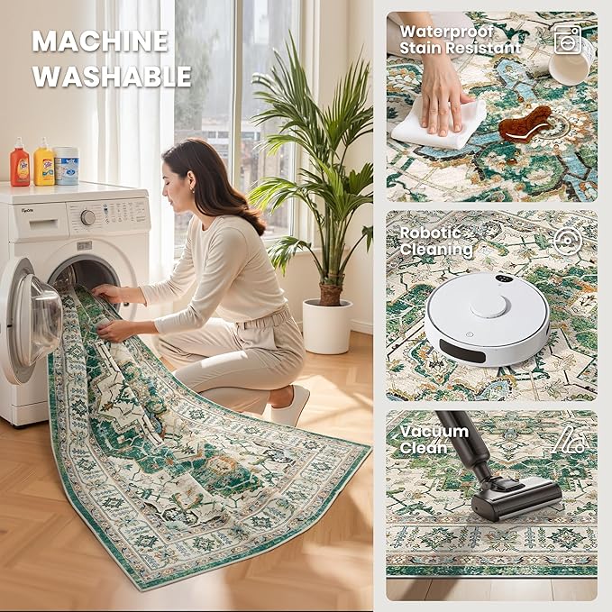 zesthome 9x12 Area Rugs,Stain Resistant Washable Rug,Ultra-Thin Rugs for Living Room,Bedroom,Non-Slip Backing Home Decor Large Area Rug (Green,9'x12')