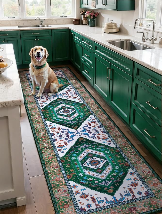 SERISSA Runner Rug for Hallways, 2'6"x8' Washable Non Slip Kitchen Runner Rug, Long Boho Rug Vintage Green White Hallway Stair Ultra Soft Print Floor Carpet for Bedroom Bathroom Laundry Room