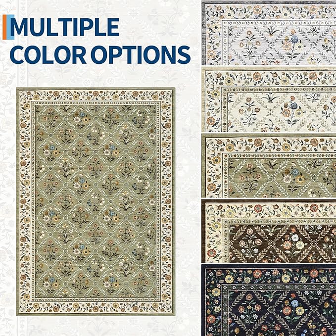 GarveeHome Grey Floral Rug 4x6 Rug Machine Washable Area Rug for Living Room Farmhouse Floral Low Pile for Dining Room, Bedroom Indoor Foldable Non-Slip Green RV