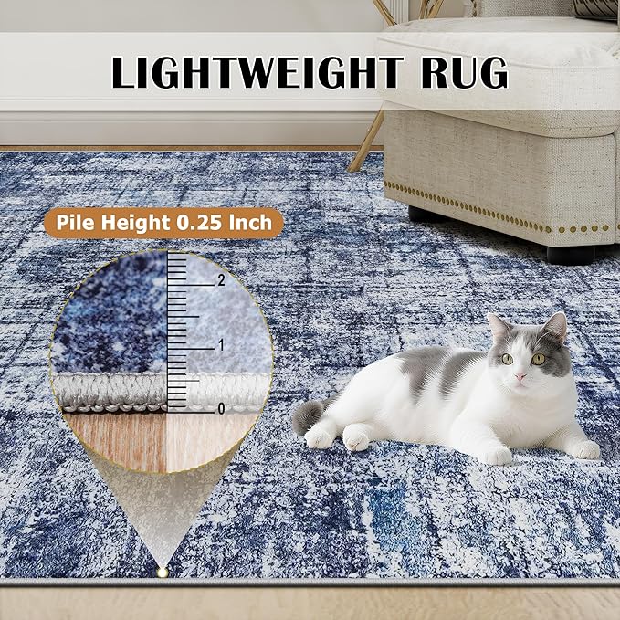 6x9 Area Rugs for Living Room Washable Rug: Anti-Skid Abstract Modern Living Room Rug Soft Thin Carpets Indoor Floor Non-Shedding Carpet for Bedroom Dining Farmhouse Nursery Navy Light Gray