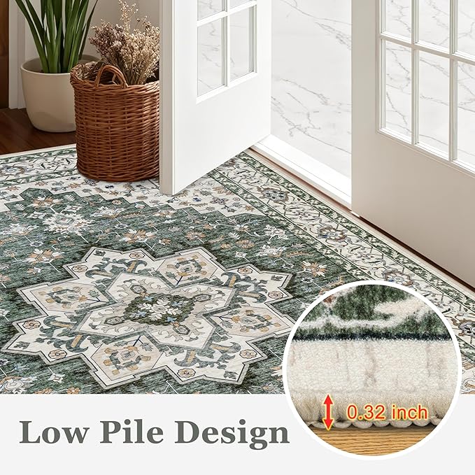 2x3 Area Rugs Living Room Rug: Washable Vintage Boho Medallion Rug No Slip Stain Resistant Soft Carpet Indoor Large Carpets for Bedroom Dining Room Farmhouse Nursery Hallway Home Office Green Ivory