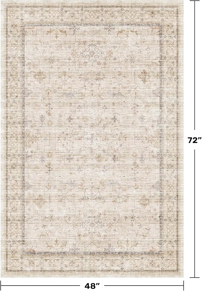 Washable Cream Rug 4x6 for Office, Bedroom, Non Slip Rugs for Kitchen, Mudroom, Low Pile Neutral Farmhouse Retro Small Living Room Carpet