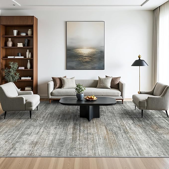 BEIMO Area Rugs 9x12 for Living Room Bedroom, Modern Abstract Machine Washable Rug, Large Soft Low Pile Floor Cover with Non Slip Backing for Dining Room, Ash Gray Brown