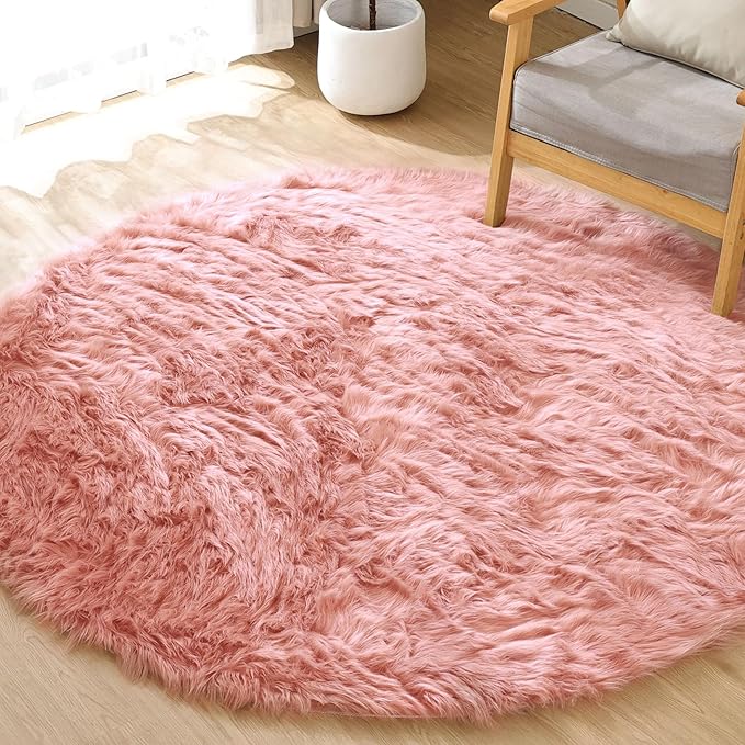ORINOVA Pink Washable Shag Round Rugs 6.6ft Soft Plush Faux Sheepskin Fuzzy Fur Rugs for Bedroom Large Circle Fluffy Nursery Rug