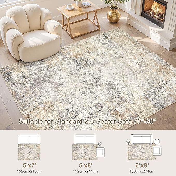 UERMEI 5x8 Area Rug Living Room Rugs - Washable Neutral Modern Abstract Soft Thin Large Rug Indoor Floor No Slip Rug Carpet for Bedroom Under Dining Table Home Office Decor - Golden Grey