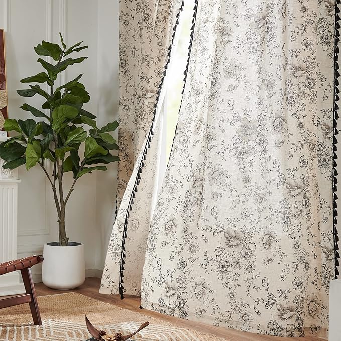 jinchan Linen Blend Curtain Floral Curtains for Living Room 63 Inch Length Printed Curtains with Tassels Rod Pocket Farmhouse Rustic Peony Flower Patterned Drapes Bedroom Window Curtains Set 2 Panels