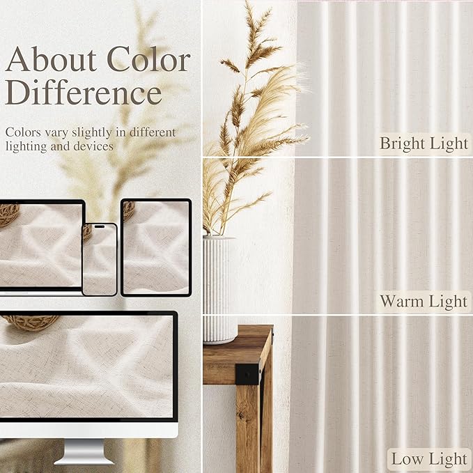 Linen Beige Curtains Back Tab Sheer Curtains 90 Inches Long for Living Room 2 Panels Rod Pocket Neutral Semi Sheer Light Filtering Pleated Curtain Drapes Linen Farmhouse Dining Room Curtain 42x90