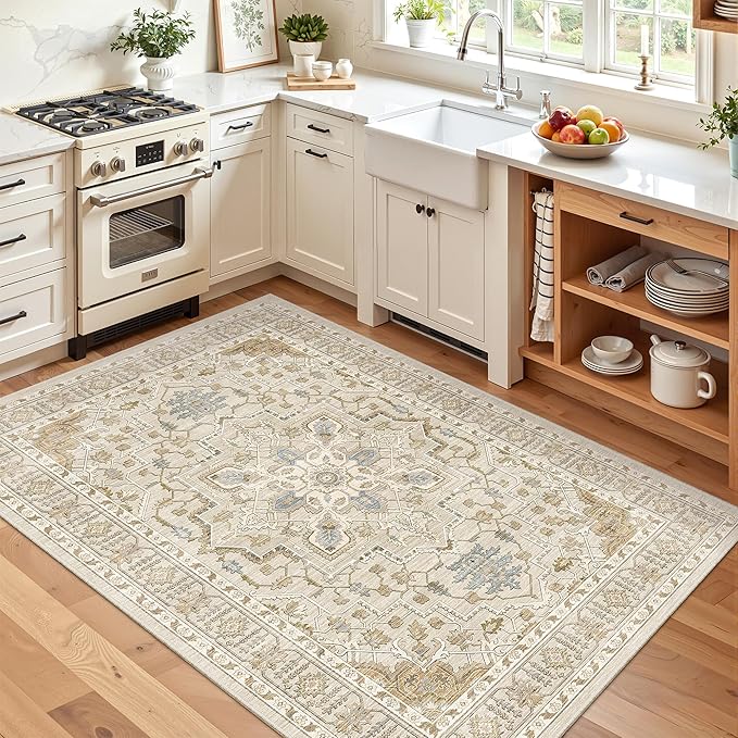 Madane Area Rug 4x6 Washable Rugs: Vintage Living Room Rug Soft Low Pile Non Slip Area Rugs Distressed Indoor Floor Carpet for Bedroom Kitchen Dining Room Home Decor, Beige/Blue