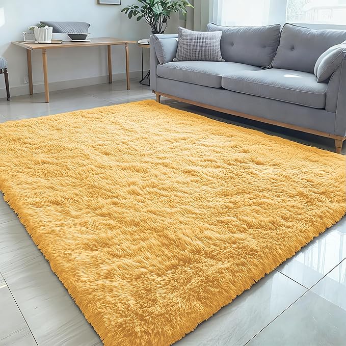 OLANLY 5x7 Machine Washable Large Area Rugs for Living Room, Bedroom, Soft Fluffy Shaggy Bedside Rug, Indoor Floor Carpet for Kids Girls and Boys, Dorms, Nursery, Home Decor Aesthetic, Mustard Yellow