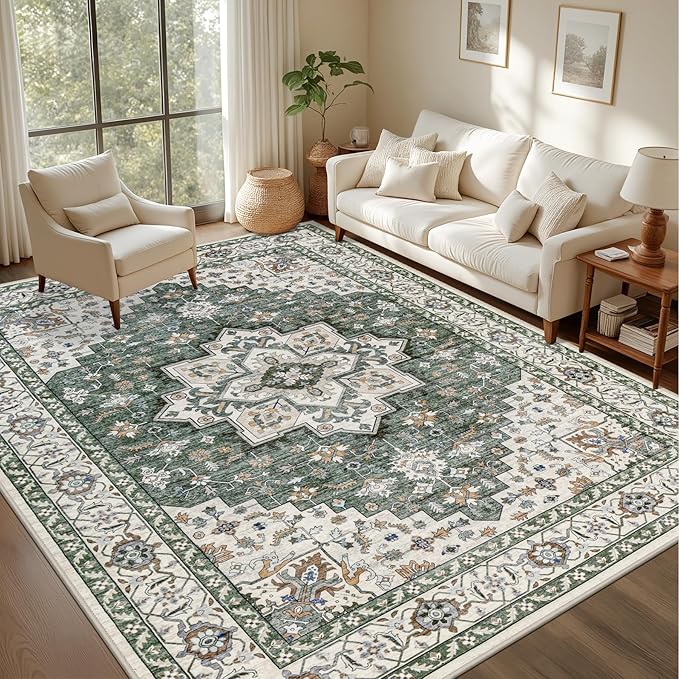 Area Rugs 10x12 Living Room Rug: Washable Rug Soft Vintage Boho Medallion Carpet Indoor Non-Slip Stain Resistant Large Carpets for Bedroom Dining Room Farmhouse Nursery Home Office Green Ivory