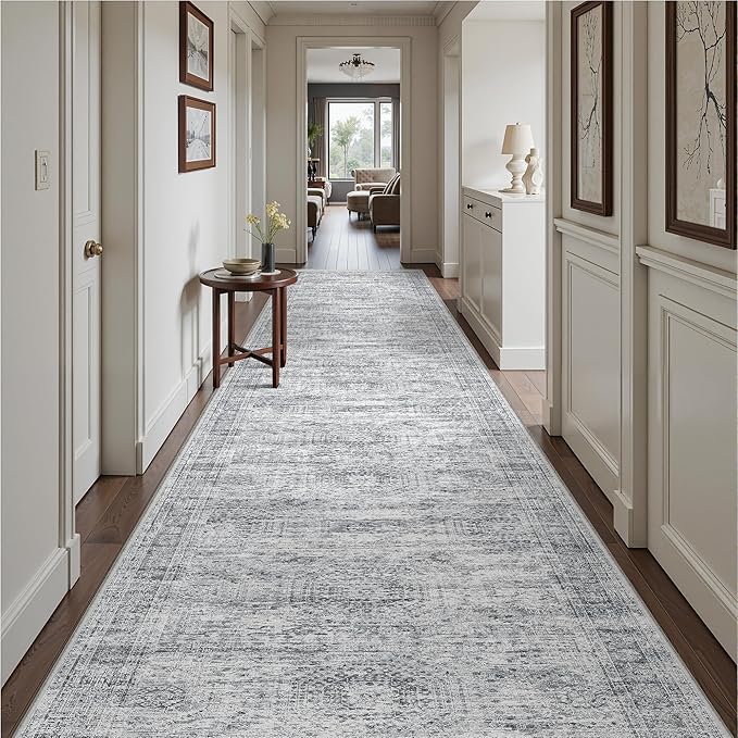 3x16 Washable Runner Rug for Hallway, Non-Slip Long Hallway Runner for Entryway, Soft Vintage Kitchen Mats for Floor, Abstract Dining Room, Bedroom, Living Room Rugs(3'x16', Grey/Ivory)