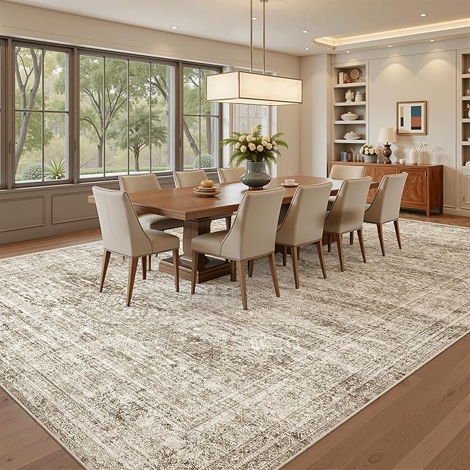 9x12 Area Rugs for Living Room, Non Slip Machine Washable Vintage Rugs, Low Pile Lightweight Large Rug for Bedroom, Dining Room, Home Office Brown