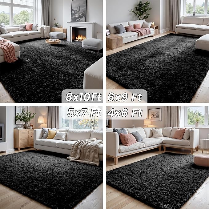 8x10 Area Rugs for Living Room Rug: Soft Fluffy Shag Black Rugs for Bedroom, Non-Slip Large Fuzzy Plush Rug Indoor Floor Carpet for Nursery Kids Boys Girls Room, Dorms, Playroom, Modern Home Decor