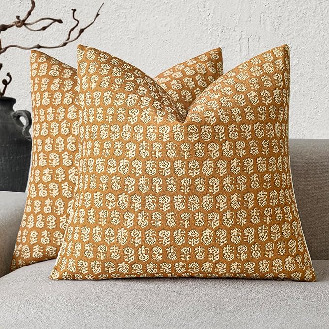 Foindtower Set of 2 Decorative Neutral Floral Print Throw Pillow Covers Vintage Accent Farmhouse Cushion Cover Boho Home Decor For Sofa Couch Chair Bedroom Living Room Outdoor,20×20 Inch,Golden Orange