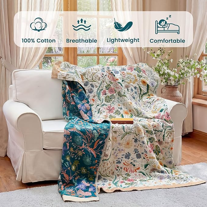 MSGKV The Boho Layer: 60"x80" Cotton Throw Blanket – Full Size for Couch Snuggles, Twin Bed Topper | Lightweight & Breathable Reversible Maximalist Colorful Floral, Decorative Accent