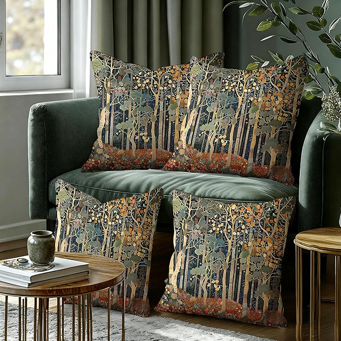 Rustic William Morris Inspired Autumn Forest Decor Pillow Covers 18x18 Set of 4,Fall Home Room Decor, Vintage Botanical Nature Decorative Throw Pillow Covers for Home Bedroom Living Room