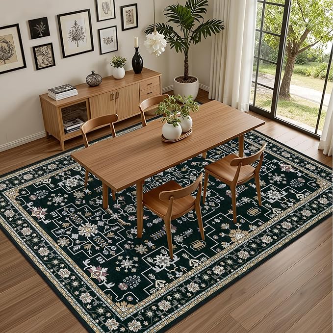 Area Rugs 10x12 Living Room Rug: Washable Rug Soft Vintage Boho Medallion Carpet Indoor Floor Non-Slip Stain Resistant Large Carpets for Bedroom Dining Room Farmhouse Nursery Home Office Black