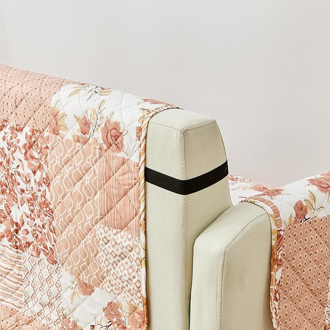 Great Bay Home Reversible Patchwork Sofa Cover - Washable Slipcover Furniture Protector with Elastic Straps - Perfect for Kids & Pets - Box-Stitched Detail (Dusty Rose)