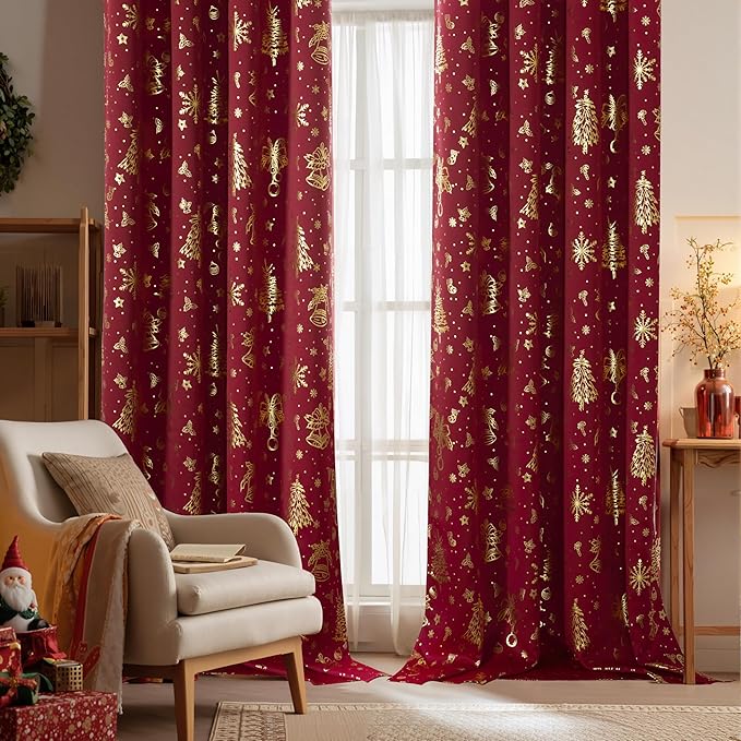NICETOWN 2 Panels Christmas Red Curtains 42 x 84 Inch, Gold Stamped Rod Pocket Curtain Drapes for Holiday Season, Xmas Home Decor, Festive Window Treatments for Bedroom, Seasonal Curtain Set