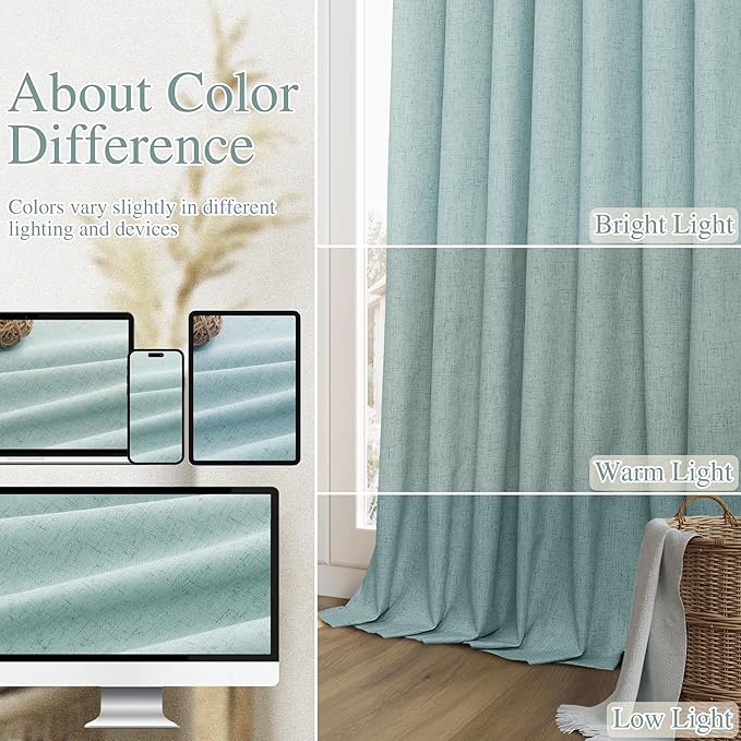 Guken 100% Blackout Linen Curtains 63 Inch Length 2 Panels Set for Living Room Bedroom Back Tab Thermal Insulated Black Out Linen Drapes Room Darkening Window Curtains,Light Blue