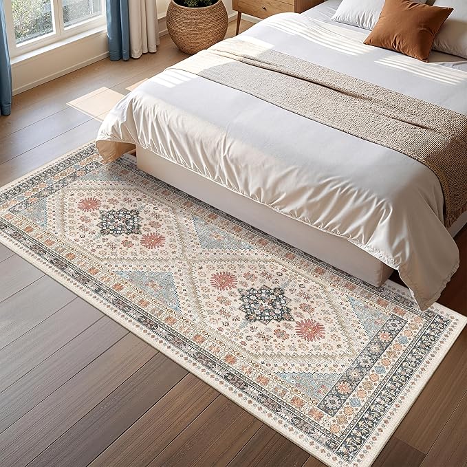 2x5 Rug Runner Washable for Entryway, Soft Bathroom Rugs with Non-Slip Backing,Vintage Low Pile Stair Runner, Small Kitchen Carpet for Hallways, Laundry Room(Blue/Red/Multi,2'x5')