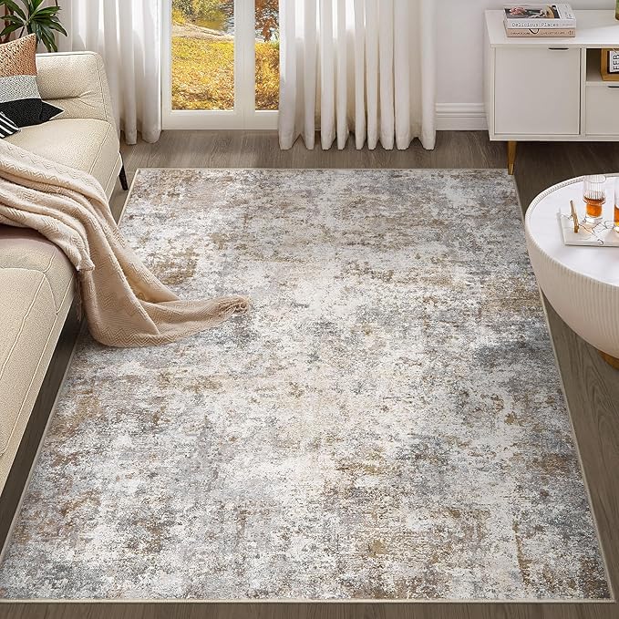 UERMEI 4x6 Area Rug Living Room Rugs - Washable Neutral Modern Abstract Soft Thin Rug Indoor Floor No Slip Rug Carpet for Bedroom Under Dining Table Home Office Decor - Brown Grey