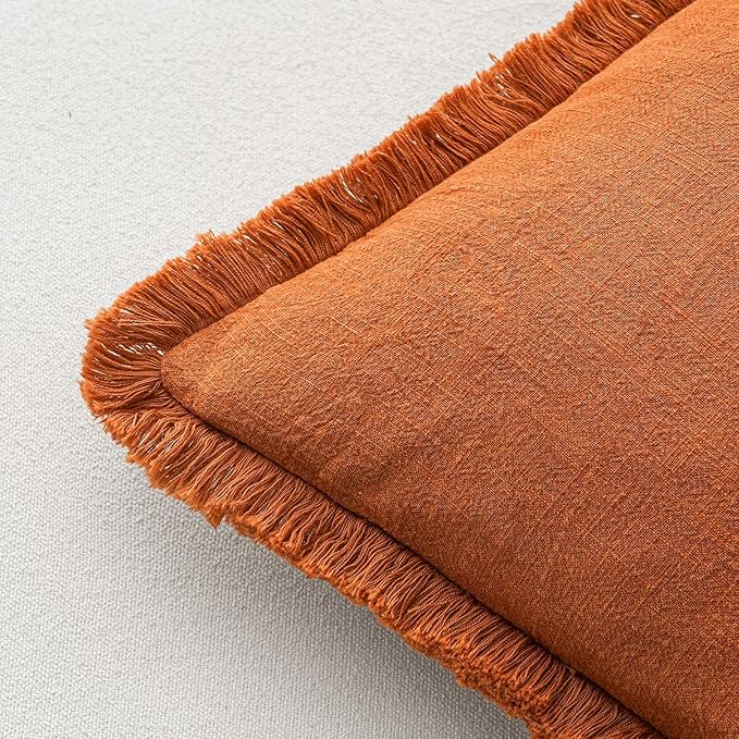 MIULEE Decorative Throw Pillow Covers Neutral Linen Fringe Throw Pillows Set of 2 Orange Boho Farmhouse Cushion Covers with Tassels for Couch Sofa Bed Living Room Spring Home Decor 18x18 Inch