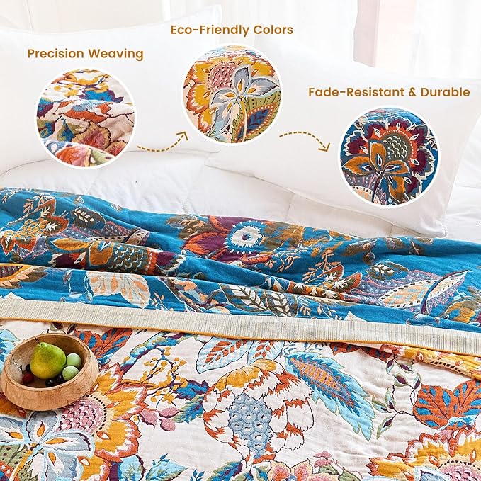 MSGKV Boho Throw Blanket 90"x90" Floral Cotton Blanket for Bed Spring Breathable Lightweight Farmhouse Queen Blankets Home Decor Muslin All Seasons