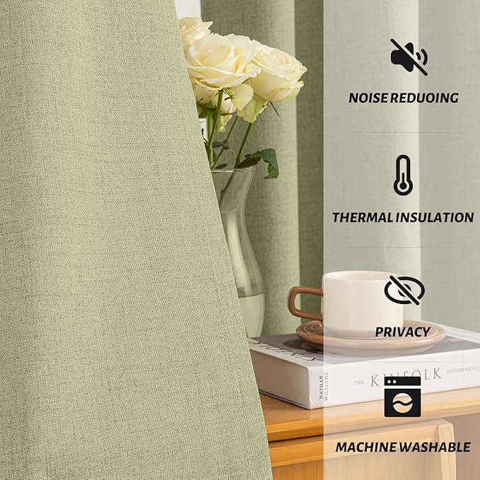 Yakamok Sage Green Linen Curtains 100% Blackout 90 Inches Long,Room Darkening Textured Curtains for Living Room Thermal Grommet Bedroom 2 Panels with Greyish White Liner